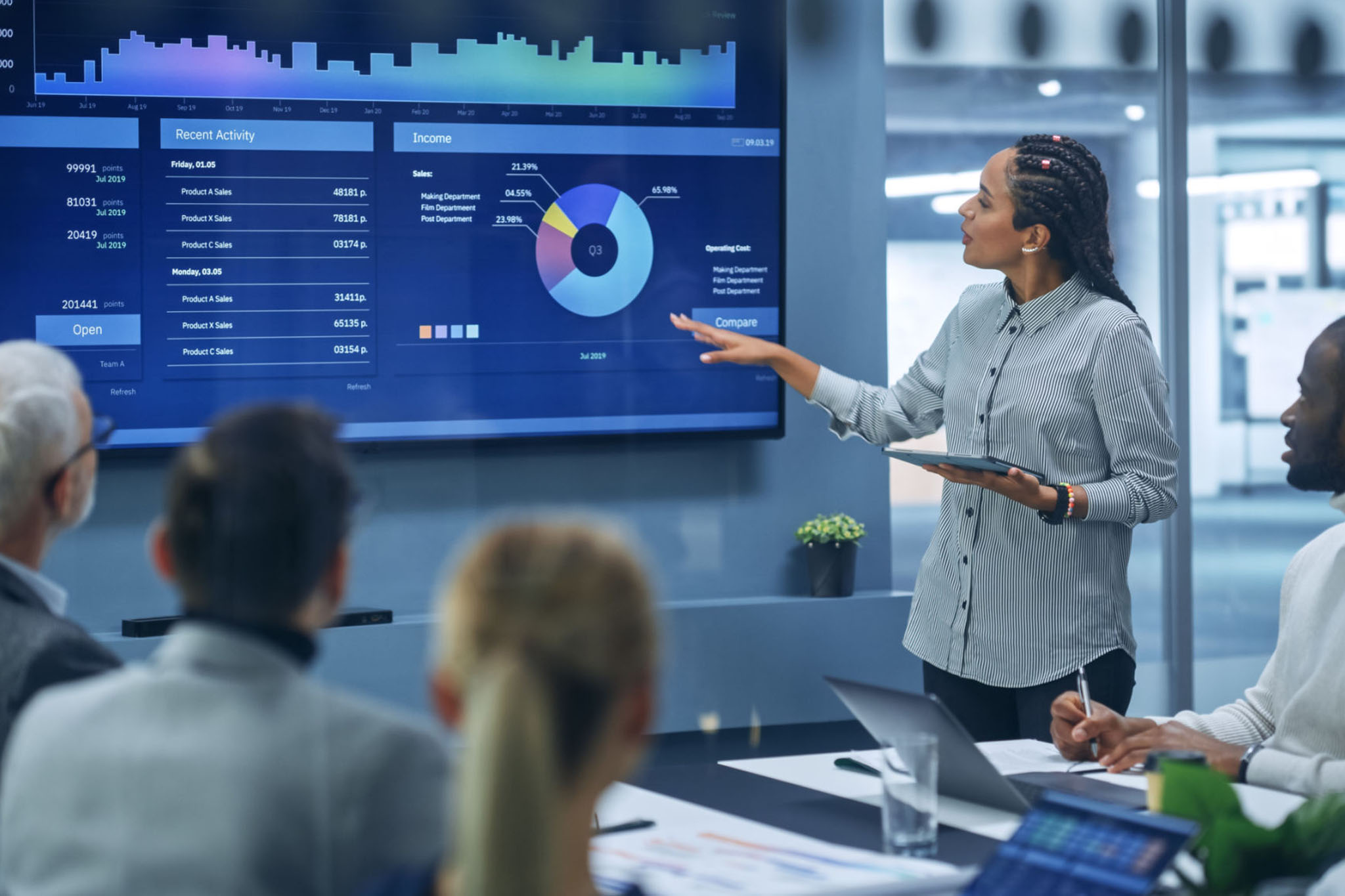 Diverse team collaborating with technology in a modern office